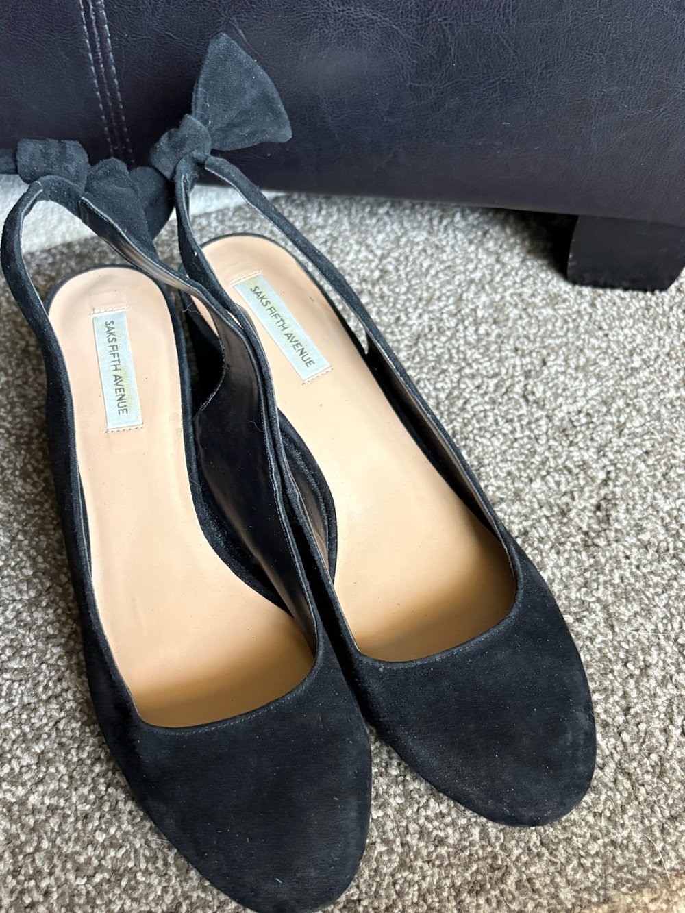 SAKS FIFTH AVENUE Black Suede Slingback Bow Block Heels - 9